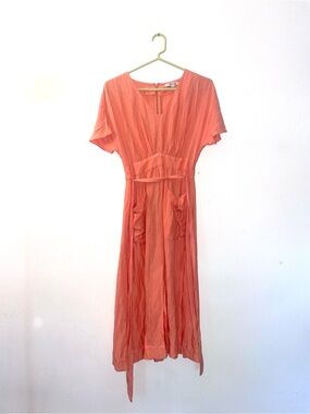 Madewell Coral Maxi Dress with Tie Waist and Pockets